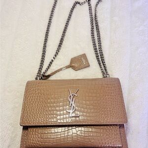 Yves Saint Laurent Beige Croc-Embossed Shoulder Bag